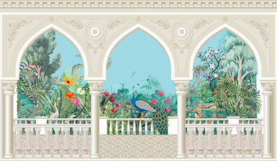 Chinoiserie Garden Arch Wallpaper, Peacock Mural, Oversized Custom Size Wall Art, Non-Woven, Non-Adhesive, Modern Wall Paper, Removable