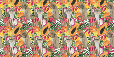 Cute Monkey, Exotic Fruits Wallpaper, Seamless Pattern Mural, Oversized Custom Size Wall Art, Non-Woven, Non-Adhesive, Modern Wall Paper, Removable