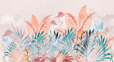 Tropical Forest Wallpaper, Pastel Colors Mural, Oversized Custom Size Wall Art, Non-Woven, Non-Adhesive, Modern Wall Paper, Removable
