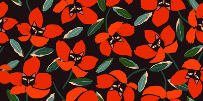 Red Floral, Kittens Wallpaper, Seamless Pattern Mural, Oversized Custom Size Wall Art, Non-Woven, Non-Adhesive, Modern Wall Paper, Removable