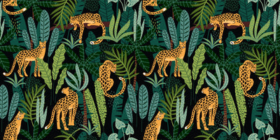 Leopards, Tropical Leaves Wallpaper, Seamless Pattern Mural, Oversized Custom Size Wall Art, Non-Woven, Non-Adhesive, Modern Wall Paper, Removable