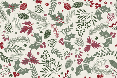 Leaves and Berries Wallpaper, Seamless Pattern Mural, Oversized Custom Size Wall Art, Non-Woven, Non-Adhesive, Modern Wall Paper, Removable