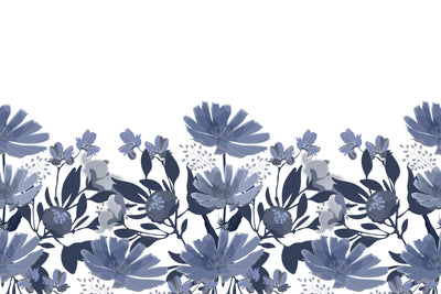 Dark Blue Floral Wallpaper, Seamless Pattern Mural, Oversized Custom Size Wall Art, Non-Woven, Non-Adhesive, Modern Wall Paper, Removable