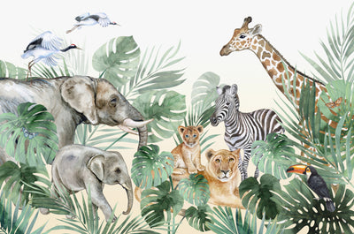Watercolor Safari Wallpaper, Animals Mural, Oversized Custom Size Wall Art, Non-Woven, Non-Adhesive, Modern Wall Paper, Removable