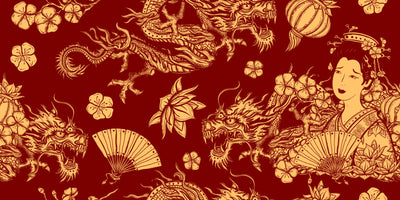 Golden Chinese Dragons and Woman Wallpaper, Seamless Pattern Mural, Oversized Custom Size Wall Art, Non-Woven, Non-Adhesive, Modern Wall Paper, Removable