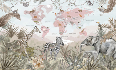 Kids World Map Wallpaper, Safari Animals Mural, Oversized Custom Size Wall Art, Non-Woven, Non-Adhesive, Modern Wall Paper, Removable