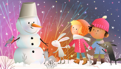 Children and Animals Wallpaper, Build a Snowman Mural, Oversized Custom Size Wall Art, Non-Woven, Non-Adhesive, Modern Wall Paper, Removable