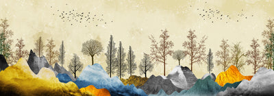 Golden Trees Wallpaper, Abstract Landscape Mural, Oversized Custom Size Wall Art, Non-Woven, Non-Adhesive, Modern Wall Paper, Removable