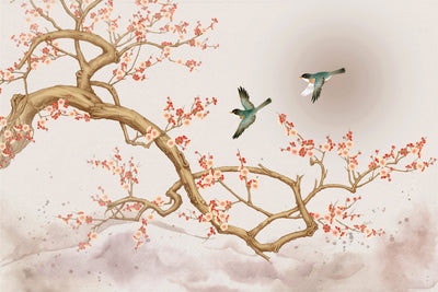 Chinoiserie Wallpaper, Tree and Birds Mural, Oversized Custom Size Wall Art, Non-Woven, Non-Adhesive, Modern Wall Paper, Removable