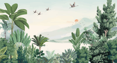 Scenic Jungle Wallpaper, Flying Birds Mural, Oversized Custom Size Wall Art, Non-Woven, Non-Adhesive, Modern Wall Paper, Removable