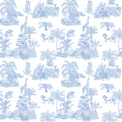 Blue Toile Jungle Wallpaper, African Animals Mural, Oversized Custom Size Wall Art, Non-Woven, Non-Adhesive, Modern Wall Paper, Removable