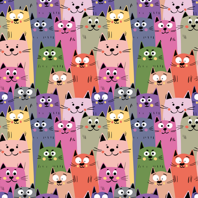 Colorful Cute Kitten Wallpaper, Seamless Pattern Mural, Oversized Custom Size Wall Art, Non-Woven, Non-Adhesive, Modern Wall Paper, Removable