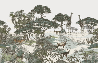 Safari Panaroma Wallpaper, Seamless Wildlife Mural, Oversized Custom Size Wall Art, Non-Woven, Non-Adhesive, Modern Wall Paper, Removable