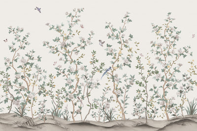 Chinoiserie Floral Blossoms Wall Mural, Ivory Botanical Tree Flowers Wallpaper, Custom Size Wall Covering, Non-Woven, Non-Adhesive, Removable, Washable - Walloro Luxury Embossed Textured Wallpaper 
