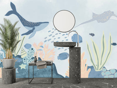 Under the Sea Wallpaper, Sea Animals Mural, Oversized Custom Size Wall Art, Non-Woven, Non-Adhesive, Modern Wall Paper, Removable