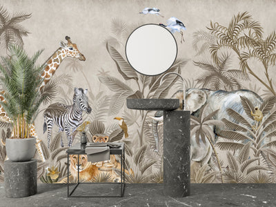 Safari Animals Wallpaper, Watercolor Mural, Oversized Custom Size Wall Art, Non-Woven, Non-Adhesive, Modern Wall Paper, Removable