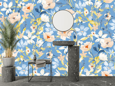 Watercolor Wildflowers Wallpaper, Seamless Pattern Mural, Oversized Custom Size Wall Art, Non-Woven, Non-Adhesive, Modern Wall Paper, Removable