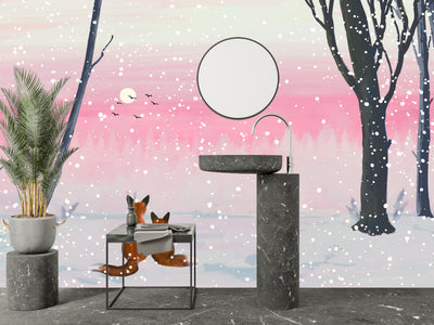 Winter Landscape Wallpaper, Foxes Mural, Oversized Custom Size Wall Art, Non-Woven, Non-Adhesive, Modern Wall Paper, Removable