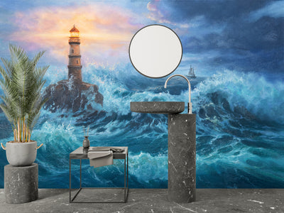Lighthouse on the Seacoast Wallpaper, Oil Painting Mural, Oversized Custom Size Wall Art, Non-Woven, Non-Adhesive, Modern Wall Paper, Removable