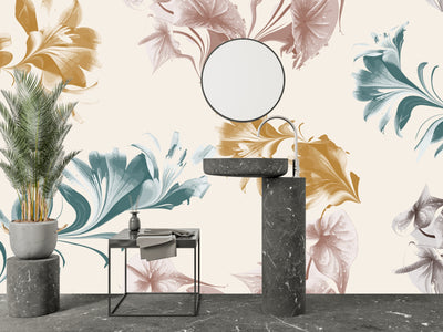Watercolor Flower and Leaf Wallpaper, Seamless Pattern Mural, Oversized Custom Size Wall Art, Non-Woven, Non-Adhesive, Modern Wall Paper, Removable