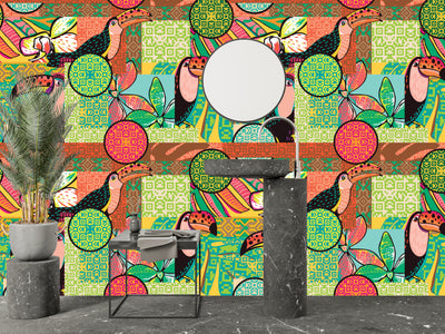 Fun Tropical Wallpaper, Toucan and Amazon Motives Mural, Oversized Custom Size Wall Art, Non-Woven, Non-Adhesive, Modern Wall Paper, Removable