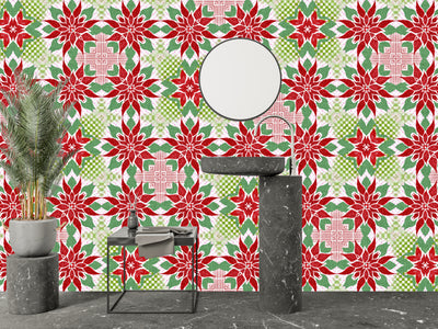 Christmas Poinsettia Wallpaper, Seamless Pattern Mural, Oversized Custom Size Wall Art, Non-Woven, Non-Adhesive, Modern Wall Paper, Removable