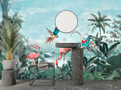 Tropical Wallpaper, Birds Mural, Oversized Custom Size Wall Art, Non-Woven, Non-Adhesive, Modern Wall Paper, Removable