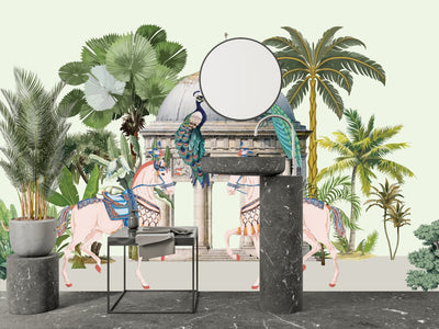 Traditional Mughal Garden Wallpaper, Peacock, Horses Mural, Oversized Custom Size Wall Art, Non-Woven, Non-Adhesive, Modern Wall Paper, Removable