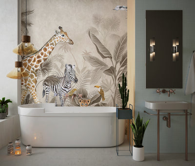 Safari Animals Wallpaper, Watercolor Mural, Oversized Custom Size Wall Art, Non-Woven, Non-Adhesive, Modern Wall Paper, Removable