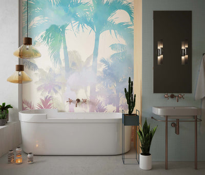 Tropical Palm Trees Wallpaper, Colorful Mural, Oversized Custom Size Wall Art, Non-Woven, Non-Adhesive, Modern Wall Paper, Removable