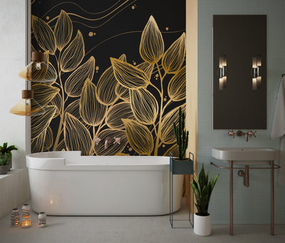 Exotic Golden Leaves Wallpaper, Seamless Pattern Mural, Oversized Custom Size Wall Art, Non-Woven, Non-Adhesive, Modern Wall Paper, Removable