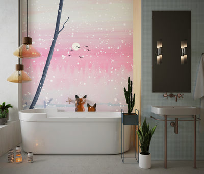 Winter Landscape Wallpaper, Foxes Mural, Oversized Custom Size Wall Art, Non-Woven, Non-Adhesive, Modern Wall Paper, Removable