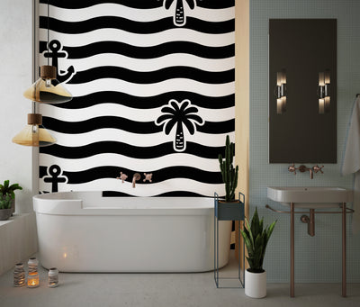 Palm Tree, Anchor Wallpaper, Seamless Pattern Mural, Oversized Custom Size Wall Art, Non-Woven, Non-Adhesive, Modern Wall Paper, Removable