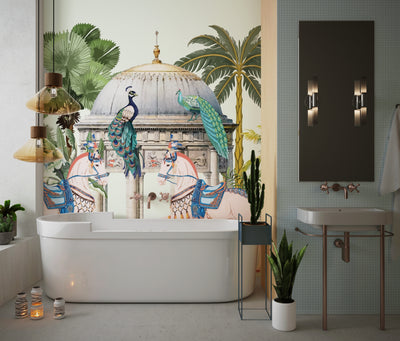 Traditional Mughal Garden Wallpaper, Peacock, Horses Mural, Oversized Custom Size Wall Art, Non-Woven, Non-Adhesive, Modern Wall Paper, Removable