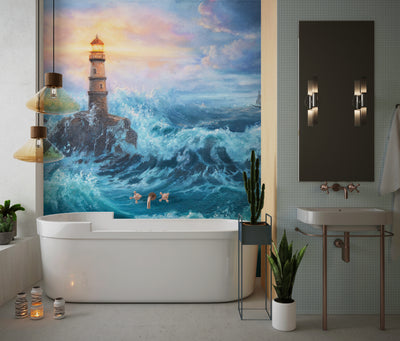 Lighthouse on the Seacoast Wallpaper, Oil Painting Mural, Oversized Custom Size Wall Art, Non-Woven, Non-Adhesive, Modern Wall Paper, Removable