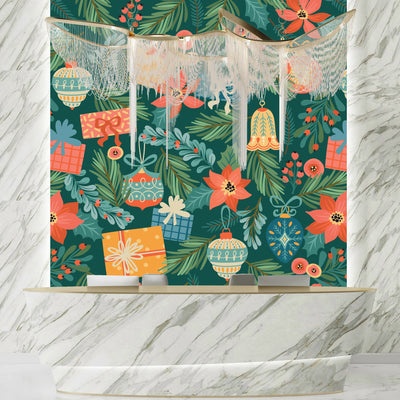 Noel Presents Wallpaper, Seamless Pattern Mural, Oversized Custom Size Wall Art, Non-Woven, Non-Adhesive, Modern Wall Paper, Removable