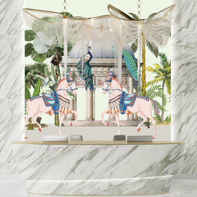 Traditional Mughal Garden Wallpaper, Peacock, Horses Mural, Oversized Custom Size Wall Art, Non-Woven, Non-Adhesive, Modern Wall Paper, Removable