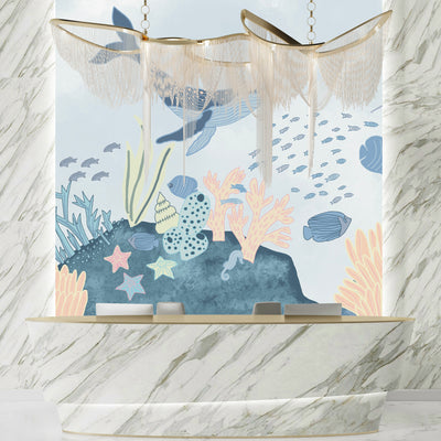 Under the Sea Wallpaper, Sea Animals Mural, Oversized Custom Size Wall Art, Non-Woven, Non-Adhesive, Modern Wall Paper, Removable