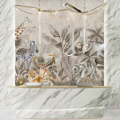 Safari Animals Wallpaper, Watercolor Mural, Oversized Custom Size Wall Art, Non-Woven, Non-Adhesive, Modern Wall Paper, Removable