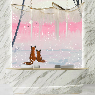 Winter Landscape Wallpaper, Foxes Mural, Oversized Custom Size Wall Art, Non-Woven, Non-Adhesive, Modern Wall Paper, Removable