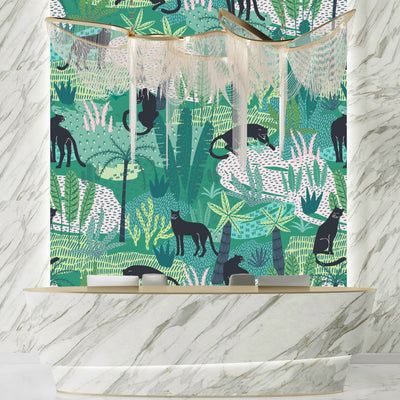 Panthers and Tropical Leaves Wallpaper, Seamless Pattern Mural, Oversized Custom Size Wall Art, Non-Woven, Non-Adhesive, Modern Wall Paper, Removable