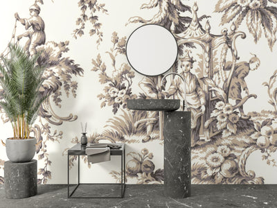 Toile de Jouy French Wallpaper, White Background Pattern Mural, Oversized Custom Size Wall Art, Non-Woven, Non-Adhesive, Modern Wall Paper, Removable