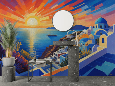 Santorini Sunset Wallpaper, Oil Painting Mural, Oversized Custom Size Wall Art, Non-Woven, Non-Adhesive, Modern Wall Paper, Removable