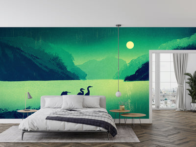 Shiny Moon Wallpaper, Birds Mural, Oversized Custom Size Wall Art, Non-Woven, Non-Adhesive, Modern Wall Paper, Removable