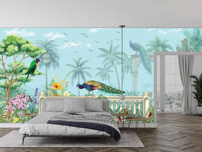 Mughal Garden Wallpaper, Peacock and Arch Mural, Oversized Custom Size Wall Art, Non-Woven, Non-Adhesive, Modern Wall Paper, Removable