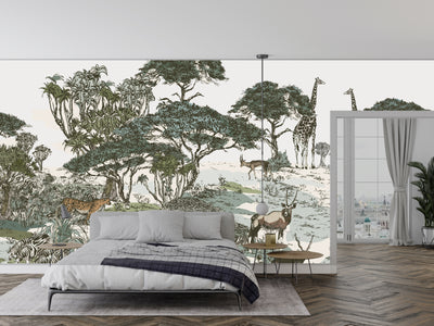 Safari Panaroma Wallpaper, Seamless Wildlife Mural, Oversized Custom Size Wall Art, Non-Woven, Non-Adhesive, Modern Wall Paper, Removable