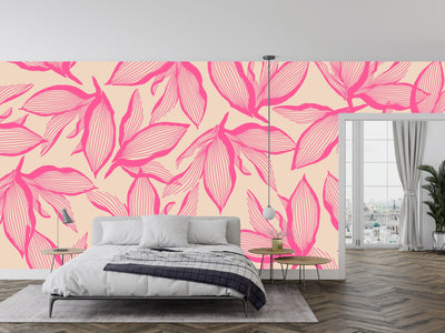 Pink Exotic Flowers Wallpaper, Seamless Pattern Mural, Oversized Custom Size Wall Art, Non-Woven, Non-Adhesive, Modern Wall Paper, Removable