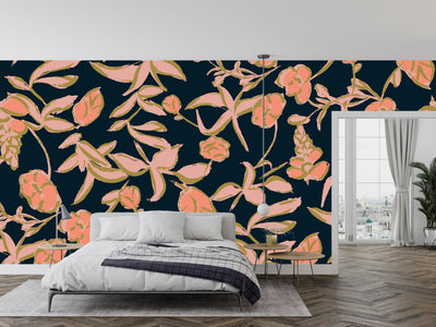 Colorful Floral Wallpaper, Seamless Pattern Mural, Oversized Custom Size Wall Art, Non-Woven, Non-Adhesive, Modern Wall Paper, Removable