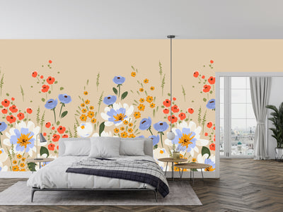 Colorful Floral Wallpaper, Seamless Pattern Mural, Oversized Custom Size Wall Art, Non-Woven, Non-Adhesive, Modern Wall Paper, Removable