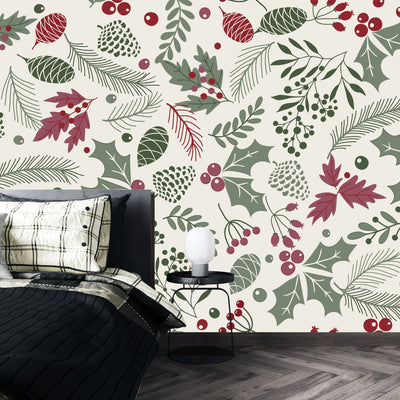 Leaves and Berries Wallpaper, Seamless Pattern Mural, Oversized Custom Size Wall Art, Non-Woven, Non-Adhesive, Modern Wall Paper, Removable